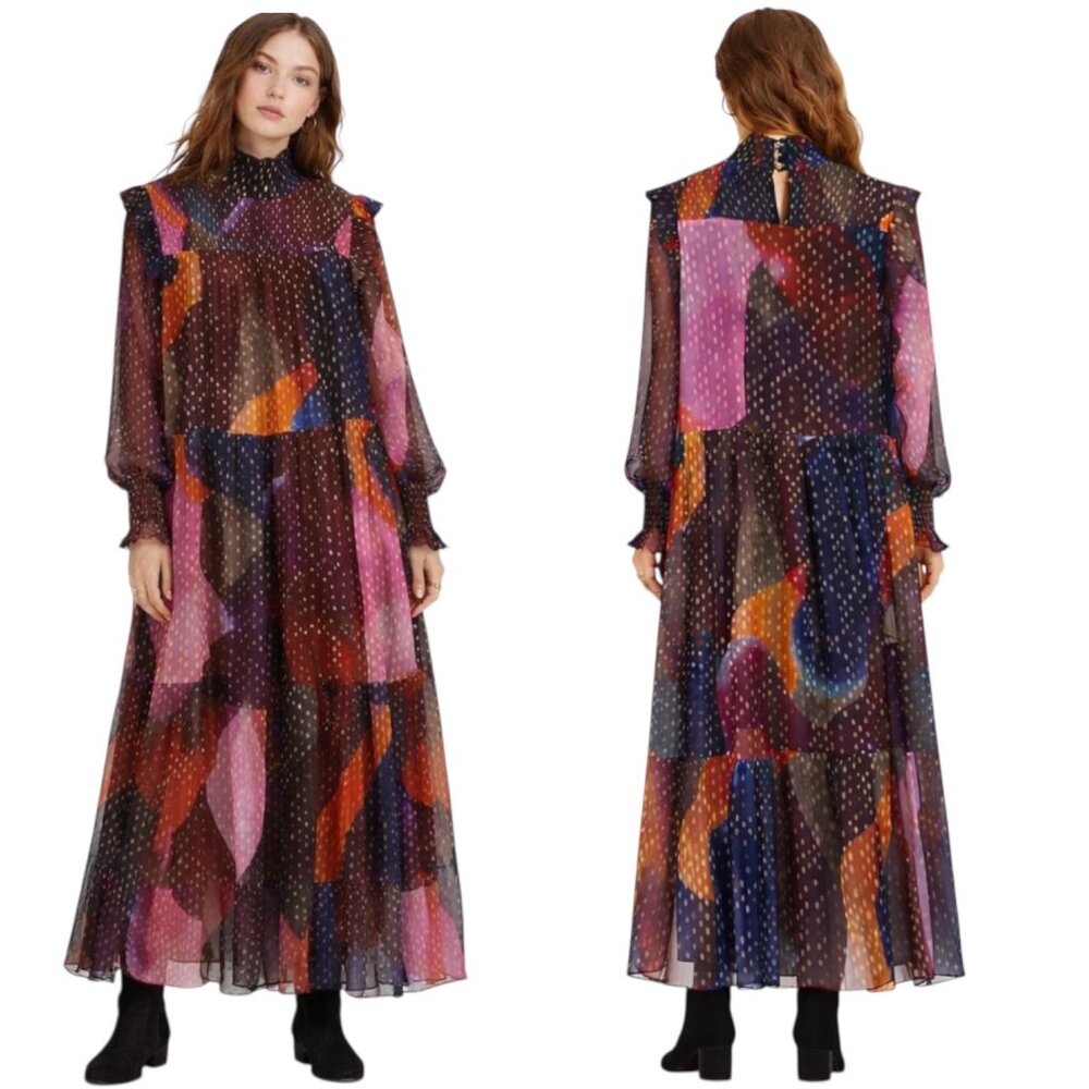 Rare Oliphant Drop Waist Smocked Neck Art Navy Print Maxi Dress S Oversized Boho